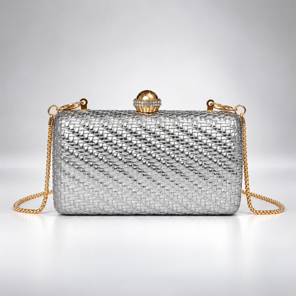 Isabella Metallic Woven Evening Clutch Bag with Gold Chain Strap