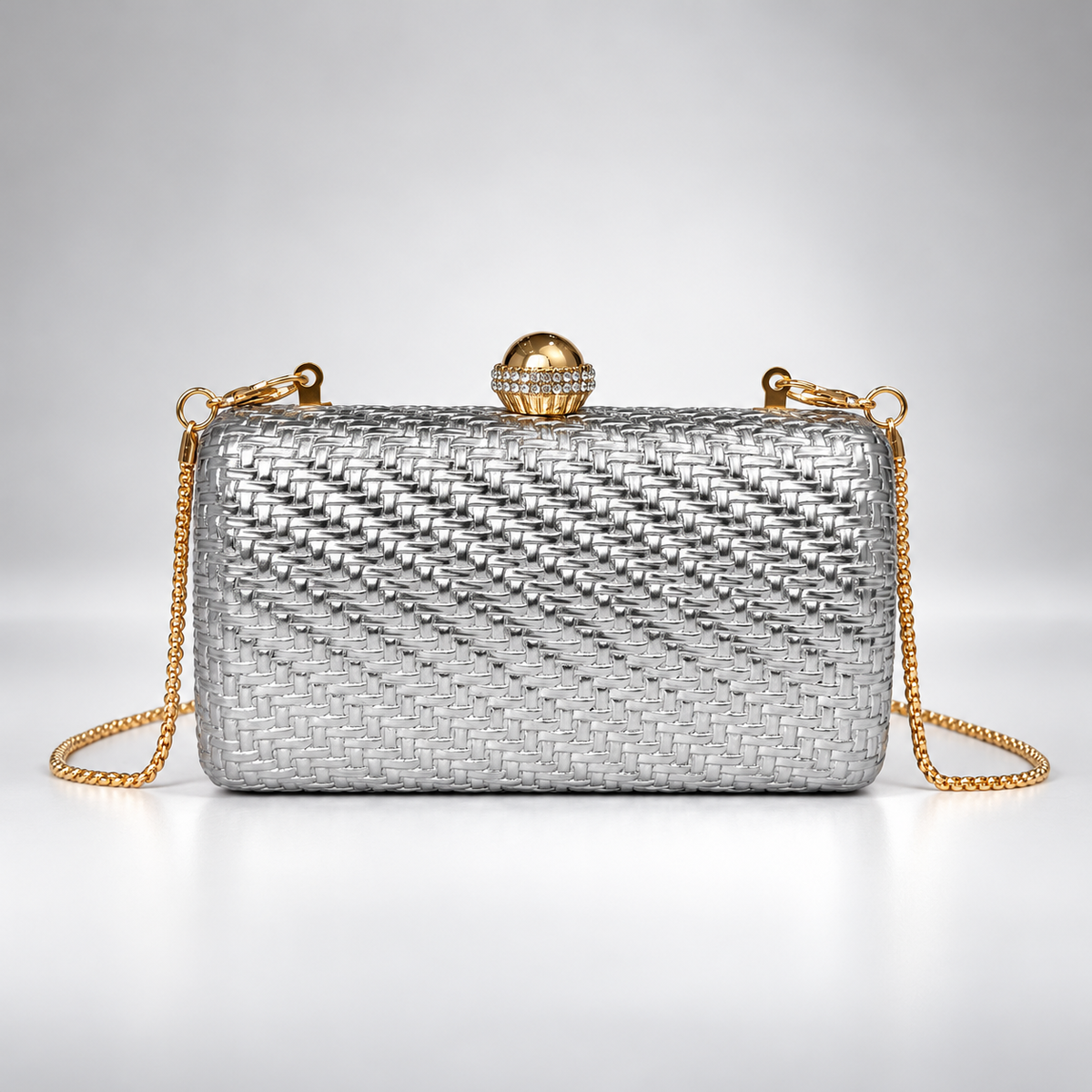Isabella Metallic Woven Evening Clutch Bag with Gold Chain Strap