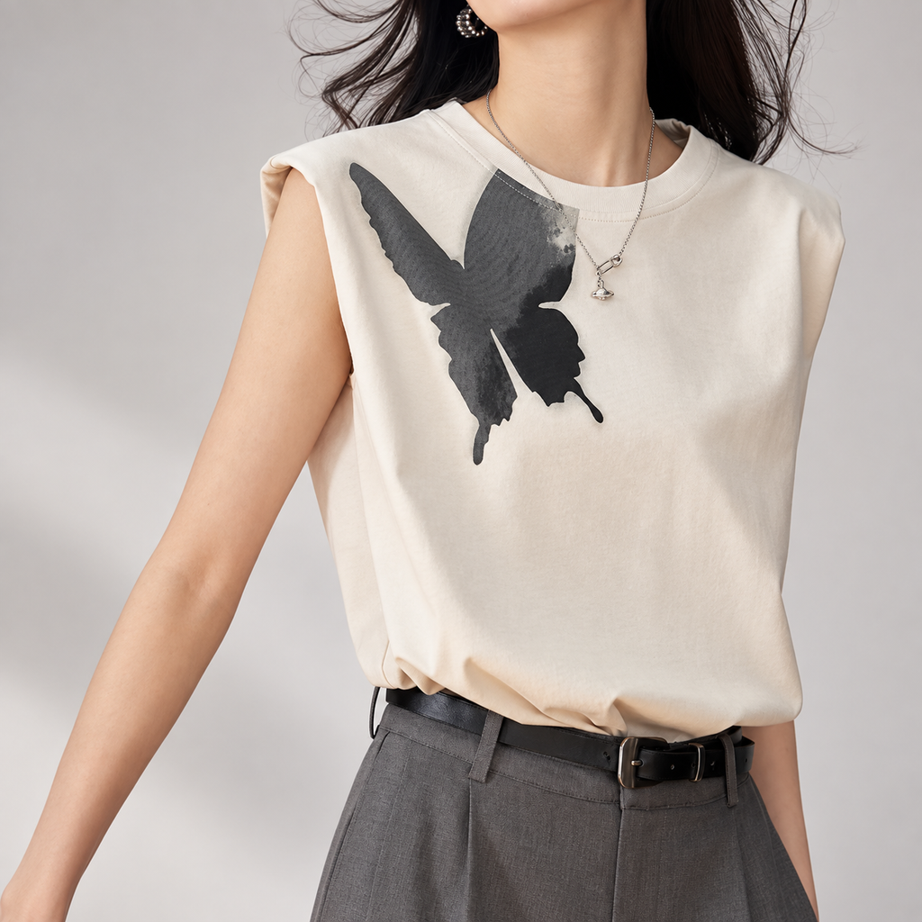 Vivienne Ivory Butterfly Graphic Sleeveless Shoulder-Pad Top