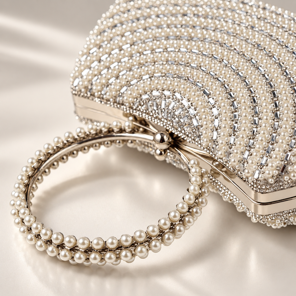 Camille Pearl Beaded Ring Handle Evening Clutch Bag