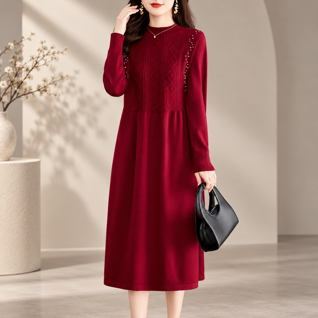 Camilla Women's Embellished Cable Knit Midi Dress with Long Sleeves