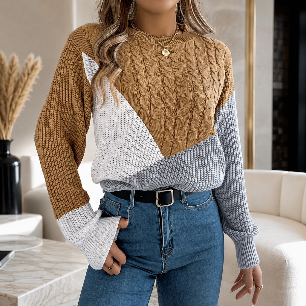 Camille Women’s Color Block Cable Knit Crew Neck Sweater