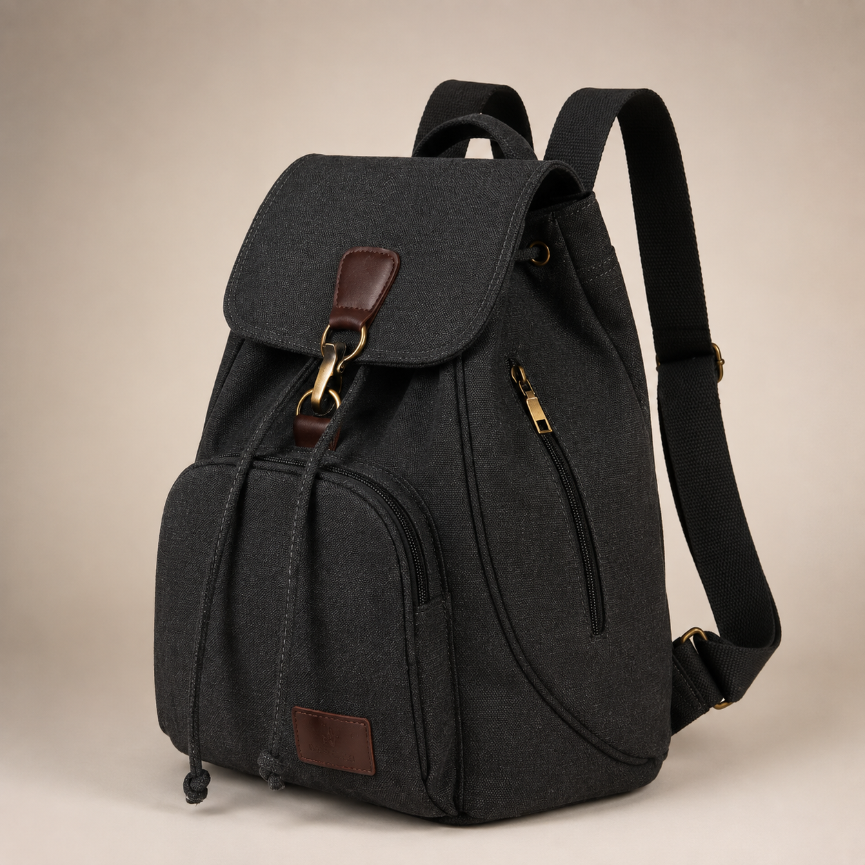 Marlowe Canvas Backpack – Drawstring Flap Rucksack with Front & Side Zip Pockets