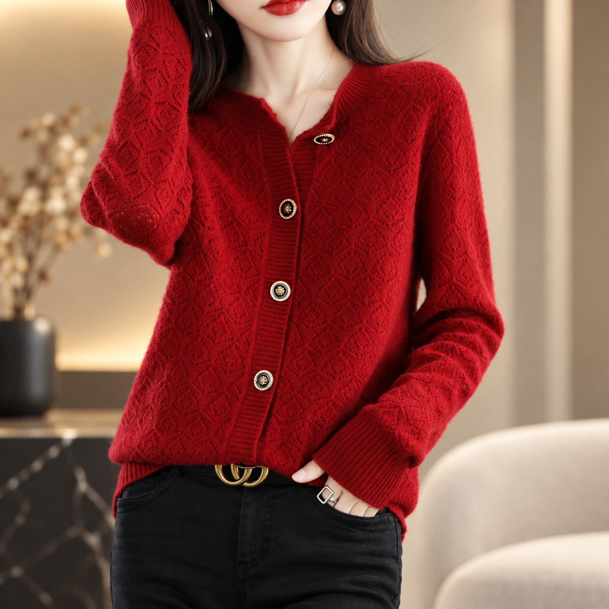 Amelie Women's Pointelle Knit Button-Front Cardigan with Decorative Buttons