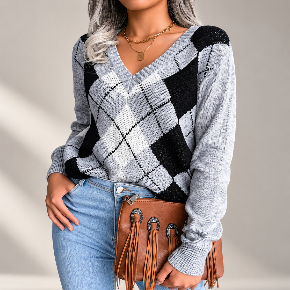Beatrice Argyle V-Neck Knit Sweater – Women’s Long Sleeve Diamond Pattern Pullover