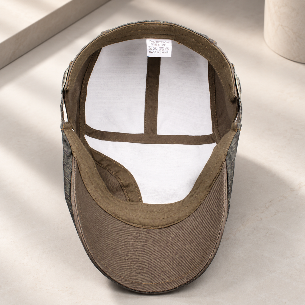 Ronan Men’s Washed Flat Cap – Adjustable Contrast Stitch Driving Hat