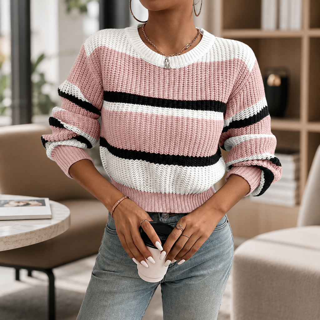 Elodie Striped Knit Crew Neck Sweater for Women