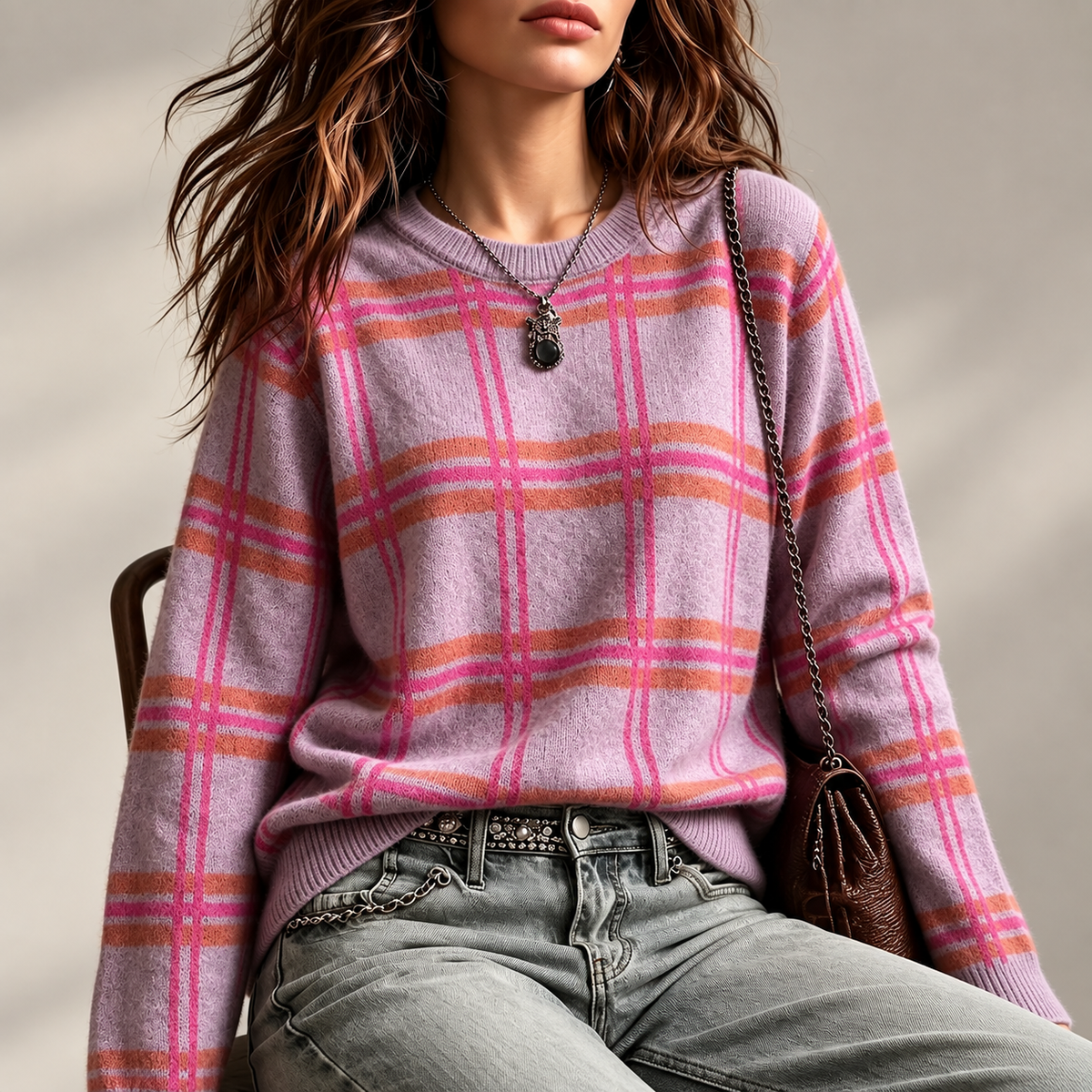 Sienna Women’s Lilac Plaid Crew Neck Knit Sweater
