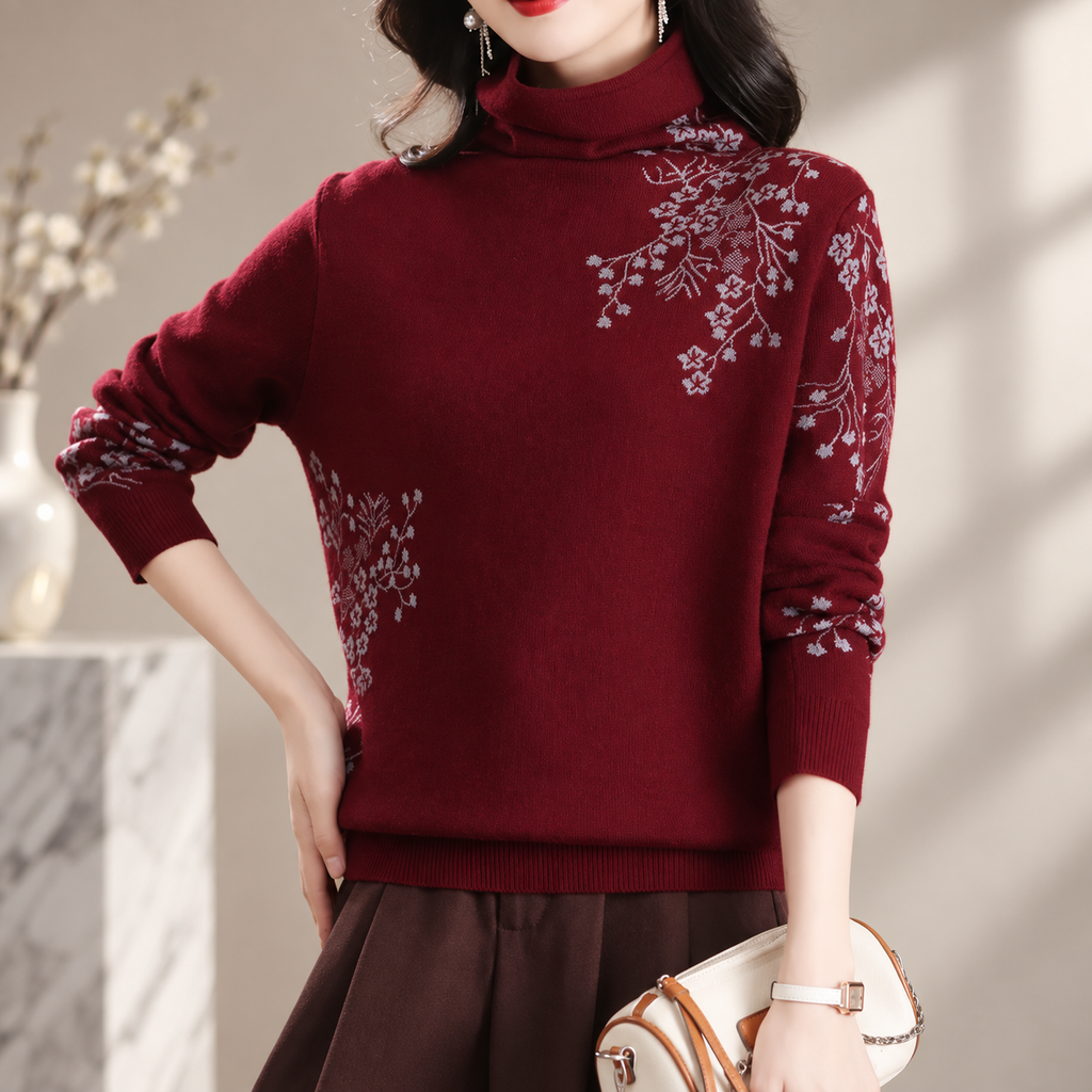 Arabella Women's Floral Turtleneck Knit Sweater with Long Sleeves