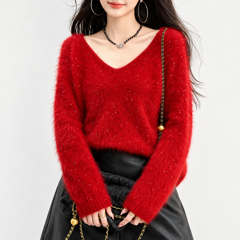 Bianca Women’s Red Fuzzy V-Neck Sweater