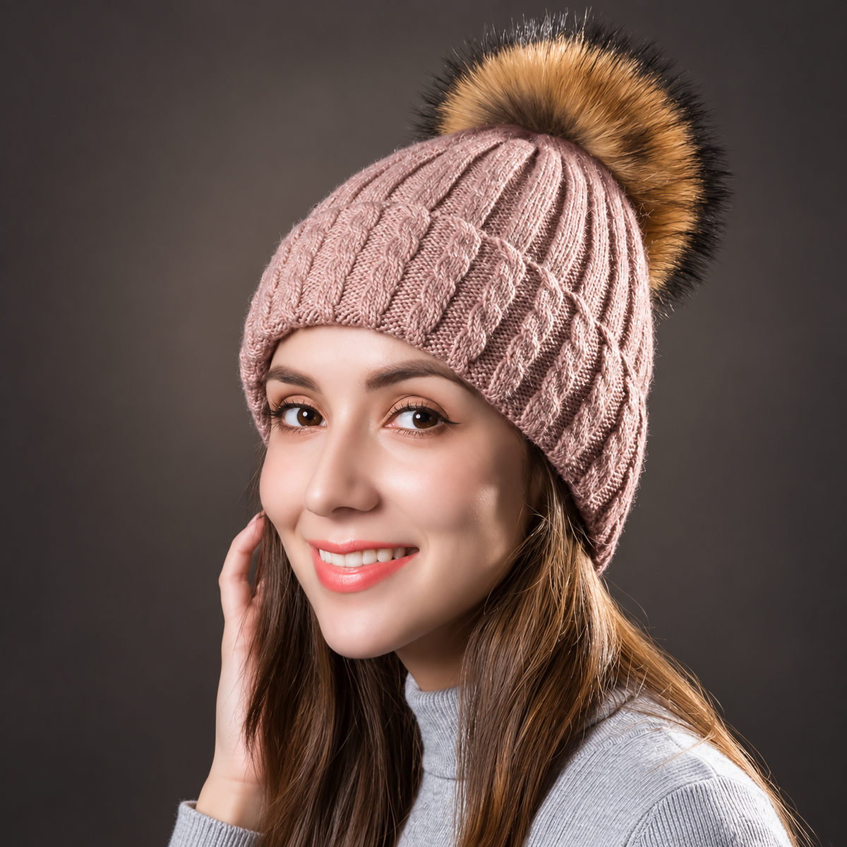 Gianna Women’s Cable Knit Pom-Pom Beanie – Braided Winter Hat