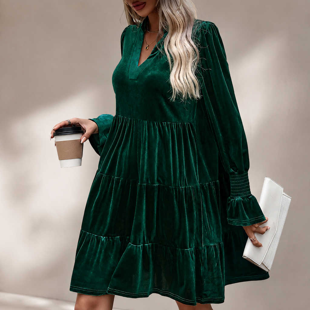 Rosalie Velvet Tiered Mini Dress – Long Sleeve V-Neck Dress with Smocked Cuffs