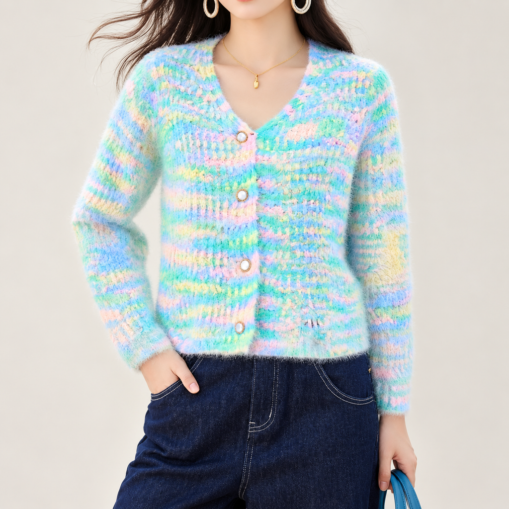 Camille Pastel Fuzzy Knit V-Neck Cardigan for Women
