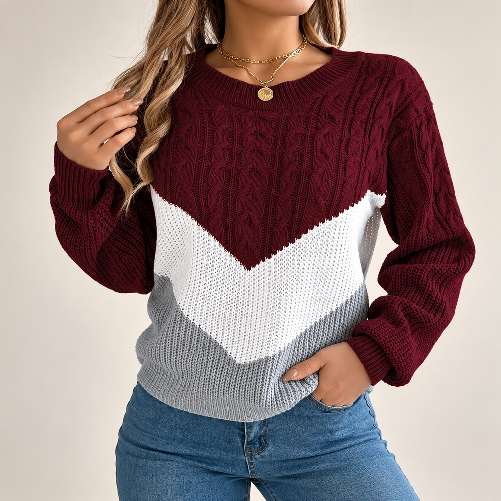 Camille Women’s Cable Knit Colorblock Crewneck Sweater