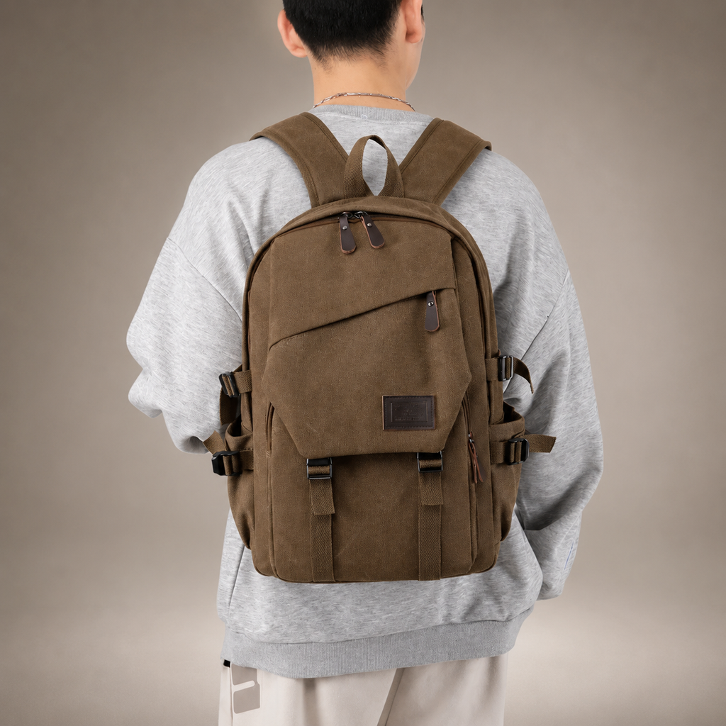 Harrison Canvas Backpack – Multi-Pocket Travel Rucksack with Front Flap Pocket