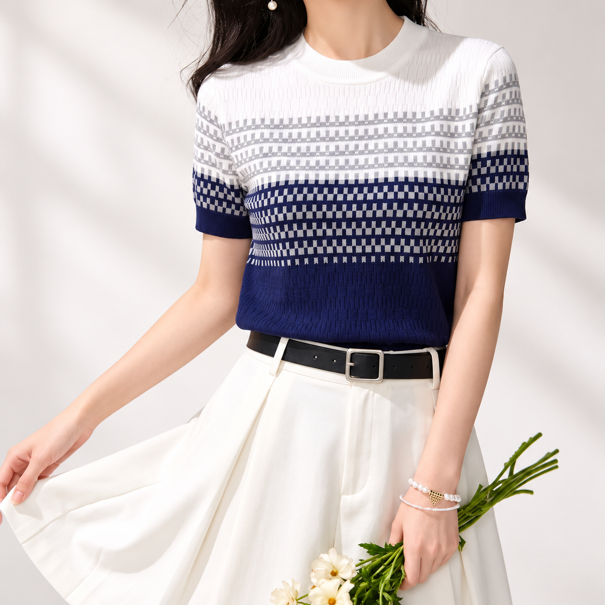 Sienna Geometric Knit Short Sleeve Sweater