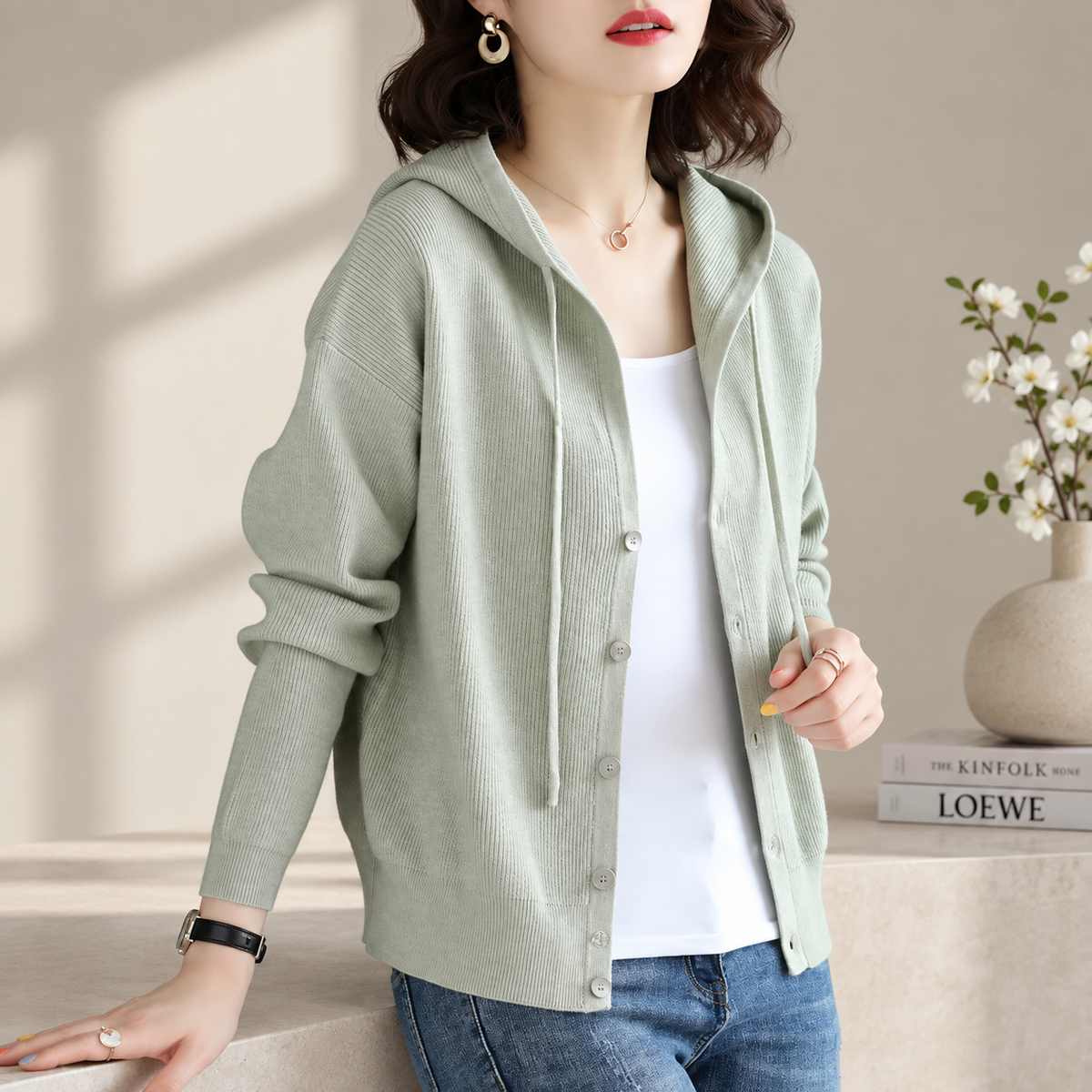 Clara Hooded Knit Cardigan – Women’s Button Front Long Sleeve Sweater