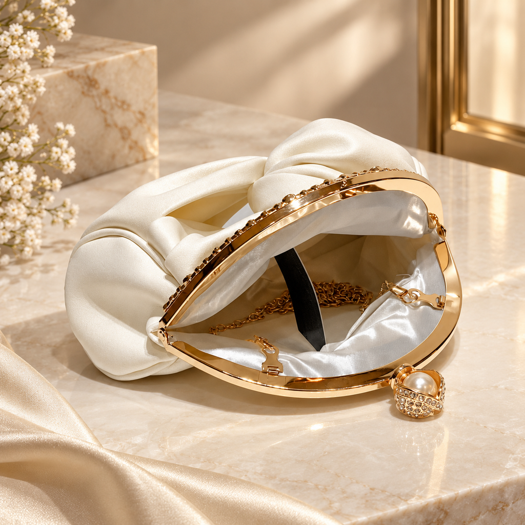 Bianca Ruched Satin Evening Clutch with Crystal Frame & Pearl Clasp