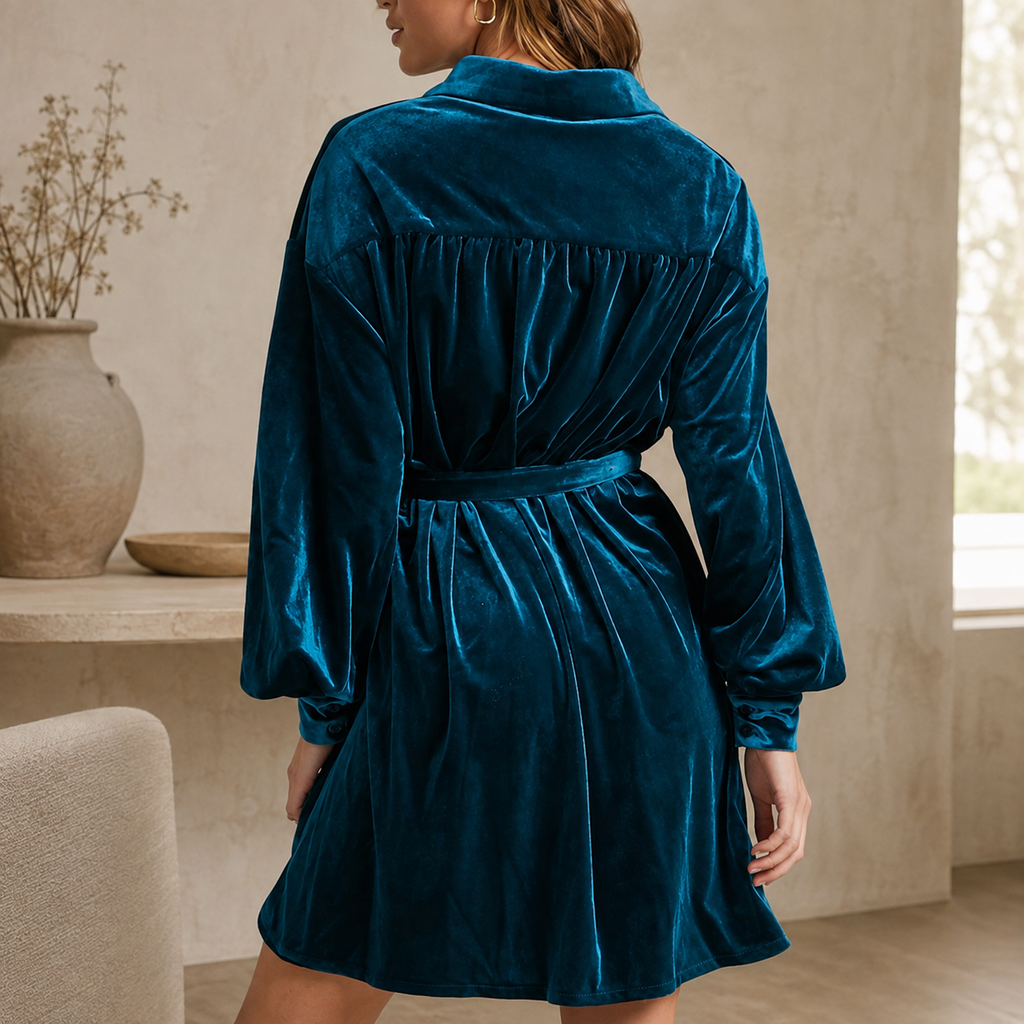 Elodie Velvet Shirt Dress – Long Sleeve Button Front Mini Dress
