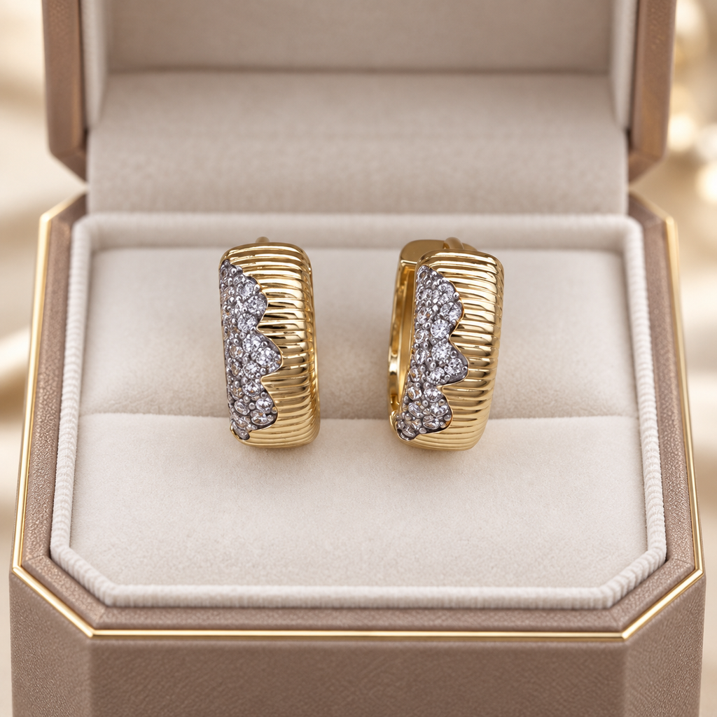 Beatrice Crystal Ribbed Huggie Earrings – Gold Tone Pavé Accent Hoop Earrings