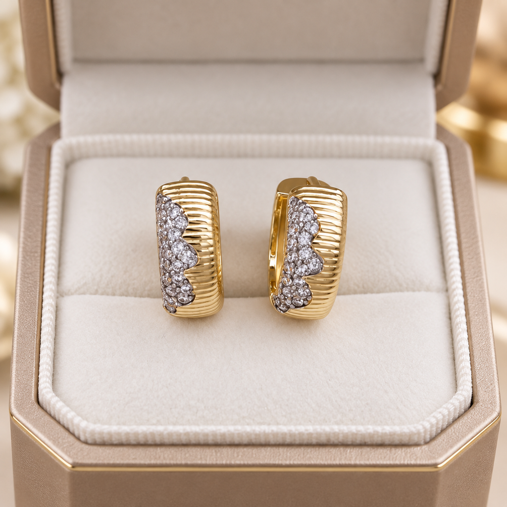 Beatrice Crystal Ribbed Huggie Earrings – Gold Tone Pavé Accent Hoop Earrings