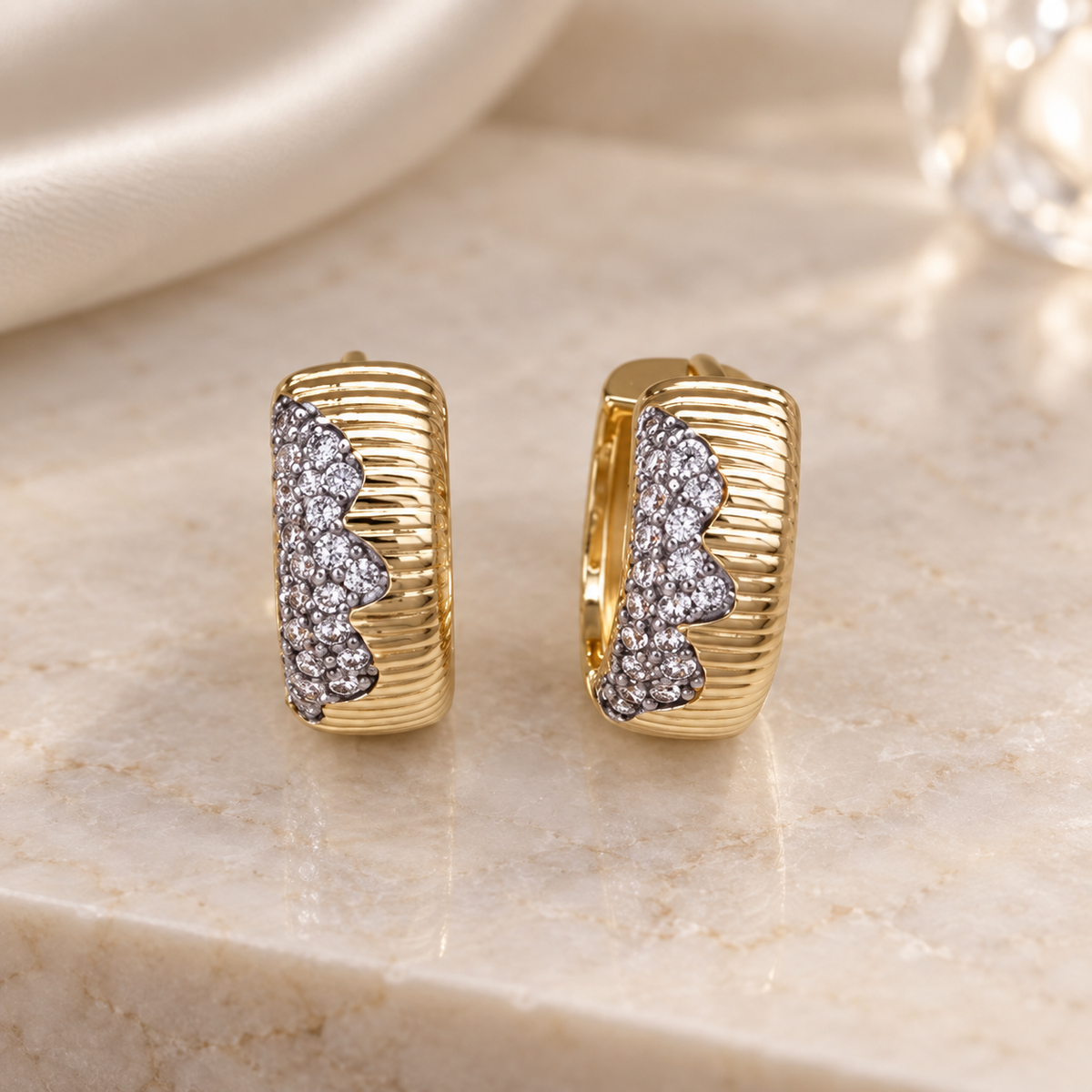 Beatrice Crystal Ribbed Huggie Earrings – Gold Tone Pavé Accent Hoop Earrings