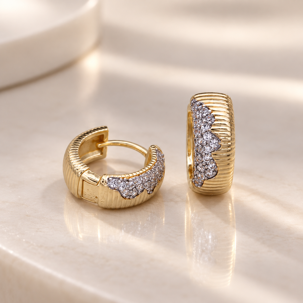 Beatrice Crystal Ribbed Huggie Earrings – Gold Tone Pavé Accent Hoop Earrings