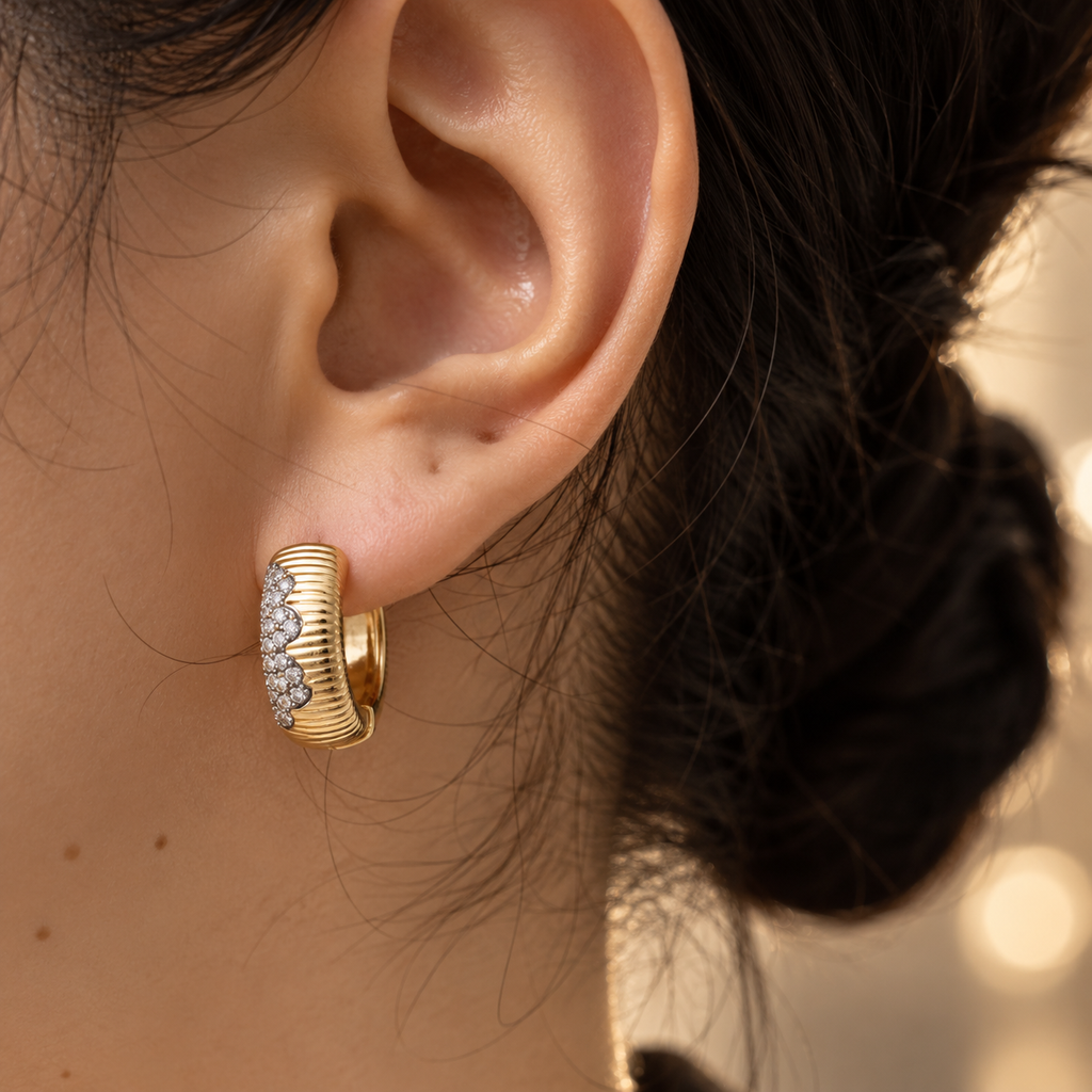 Beatrice Crystal Ribbed Huggie Earrings – Gold Tone Pavé Accent Hoop Earrings