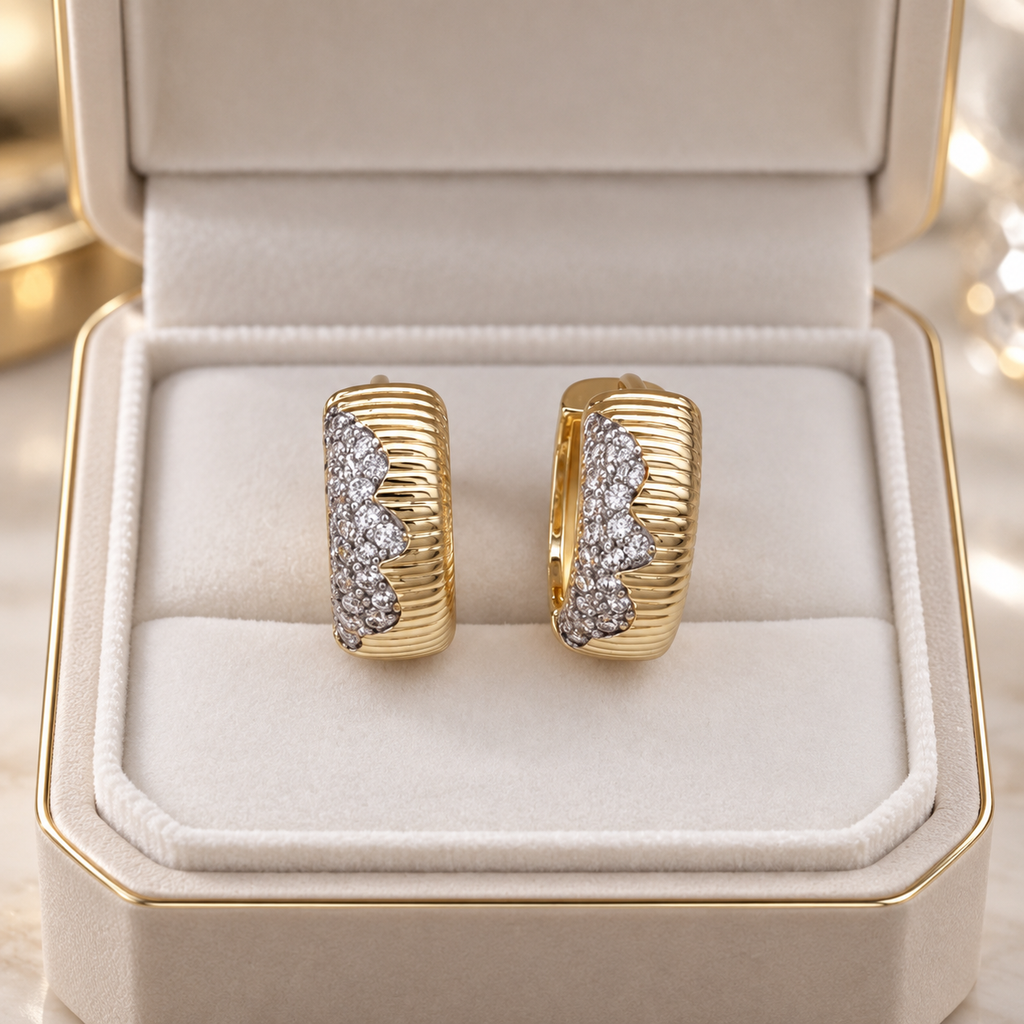 Beatrice Crystal Ribbed Huggie Earrings – Gold Tone Pavé Accent Hoop Earrings