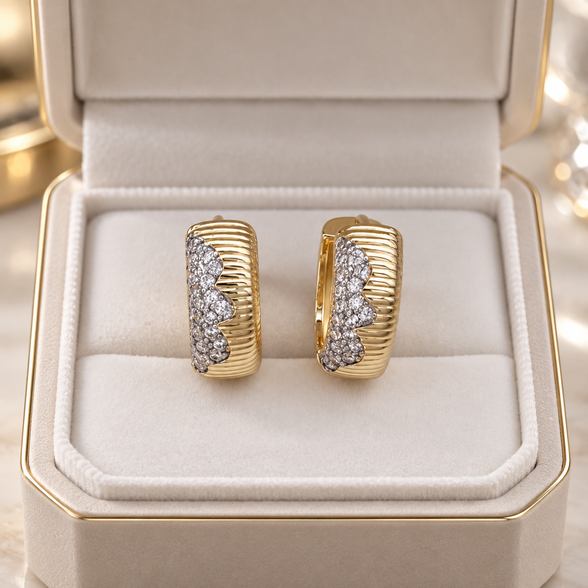 Beatrice Crystal Ribbed Huggie Earrings – Gold Tone Pavé Accent Hoop Earrings