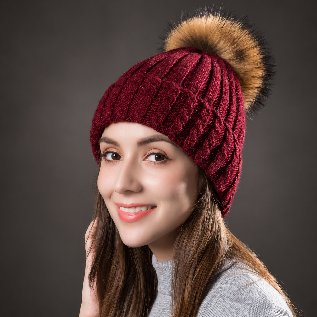 Gianna Women’s Cable Knit Pom-Pom Beanie – Braided Winter Hat