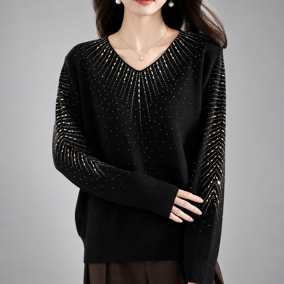 Serafina Women’s V-Neck Embellished Knit Sweater – Long Sleeve Rhinestone Detail Pullover