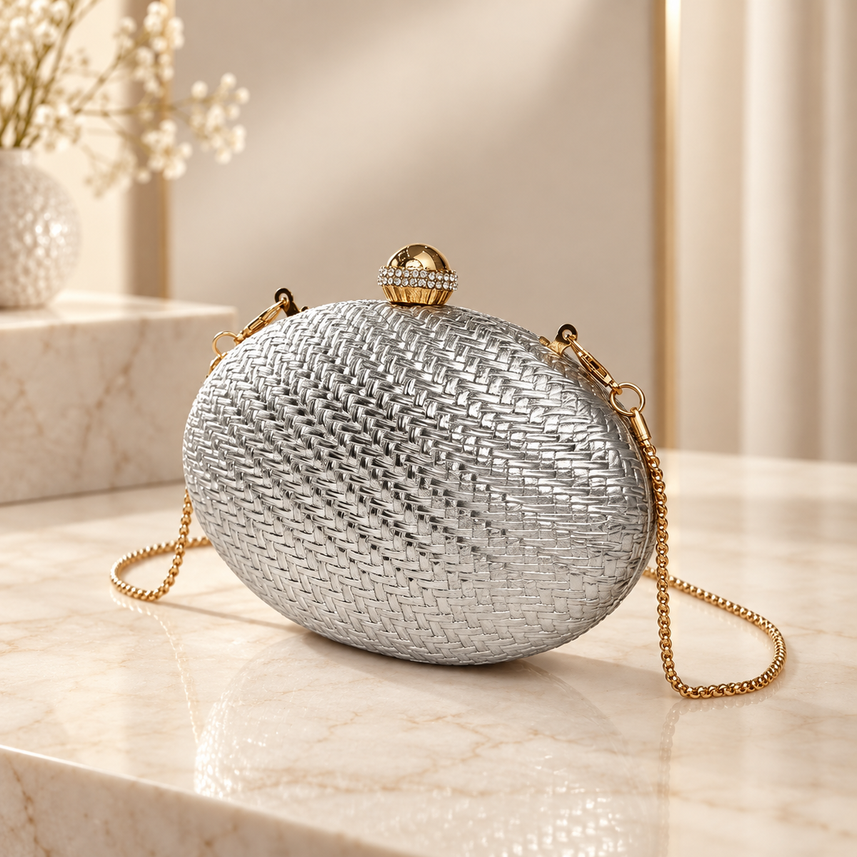 Siena Oval Woven Evening Clutch with Crystal-Accent Clasp