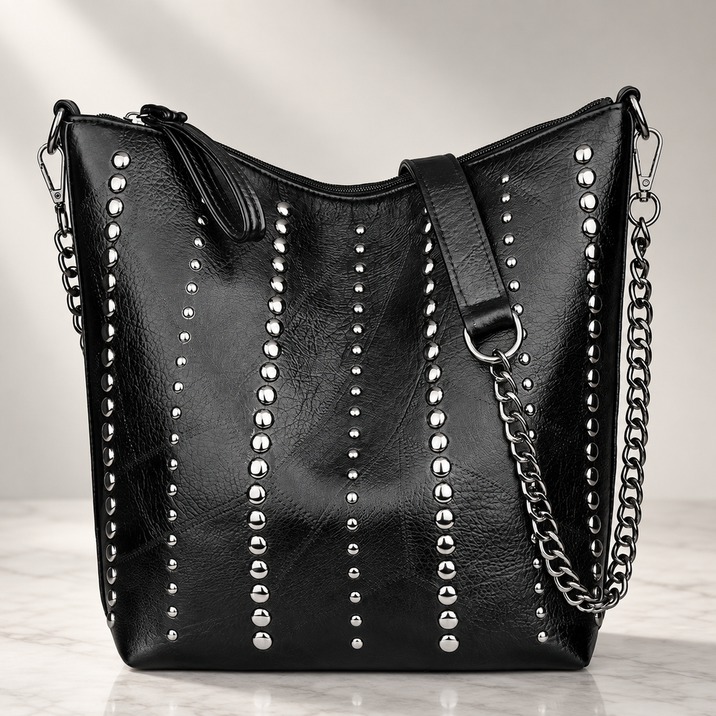 Madeline Studded Bucket Shoulder Bag with Chain Accent