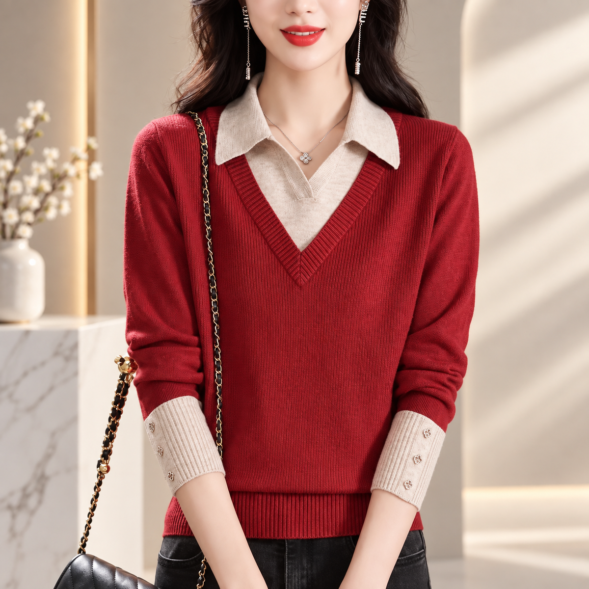 Emmeline Women’s Layered V-Neck Knit Sweater – Collared Long Sleeve Pullover