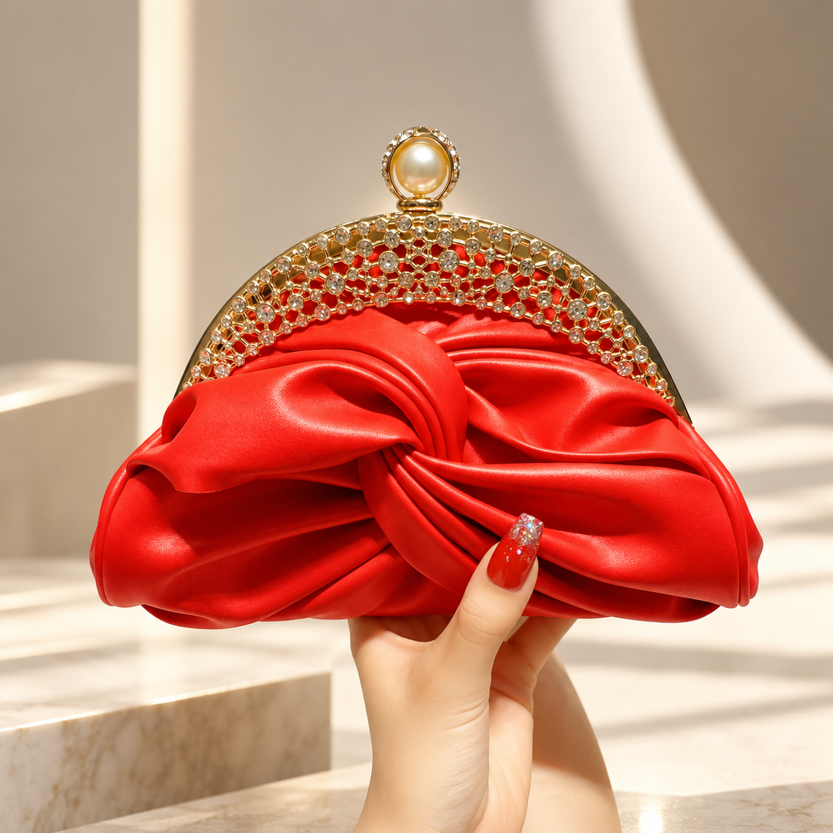 Bianca Ruched Satin Evening Clutch with Crystal Frame & Pearl Clasp