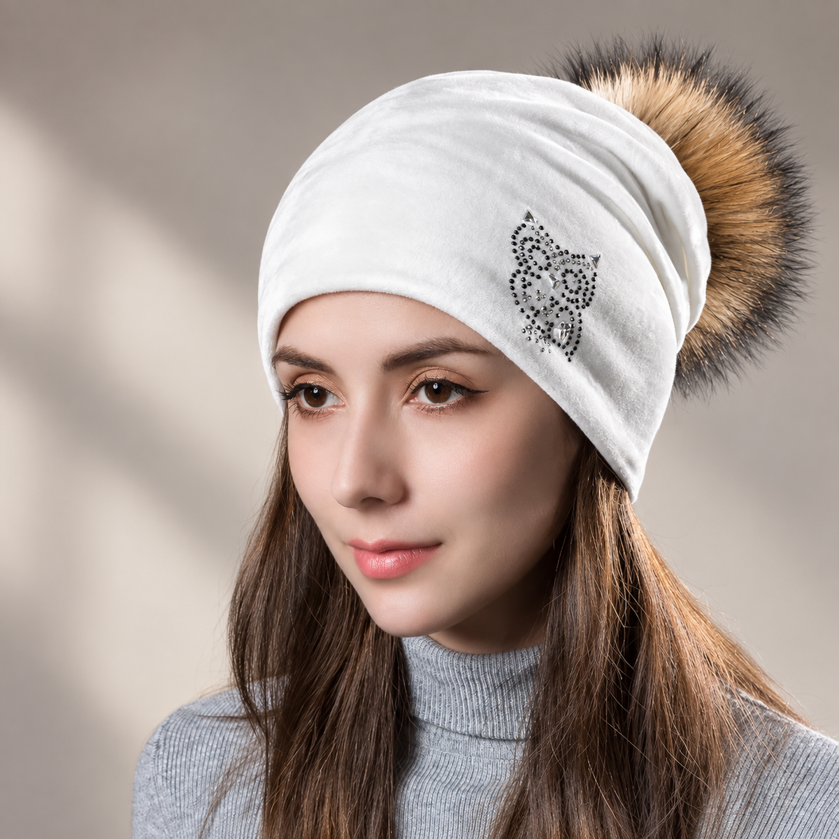 Noelle Women’s Velvet Slouch Pom-Pom Beanie