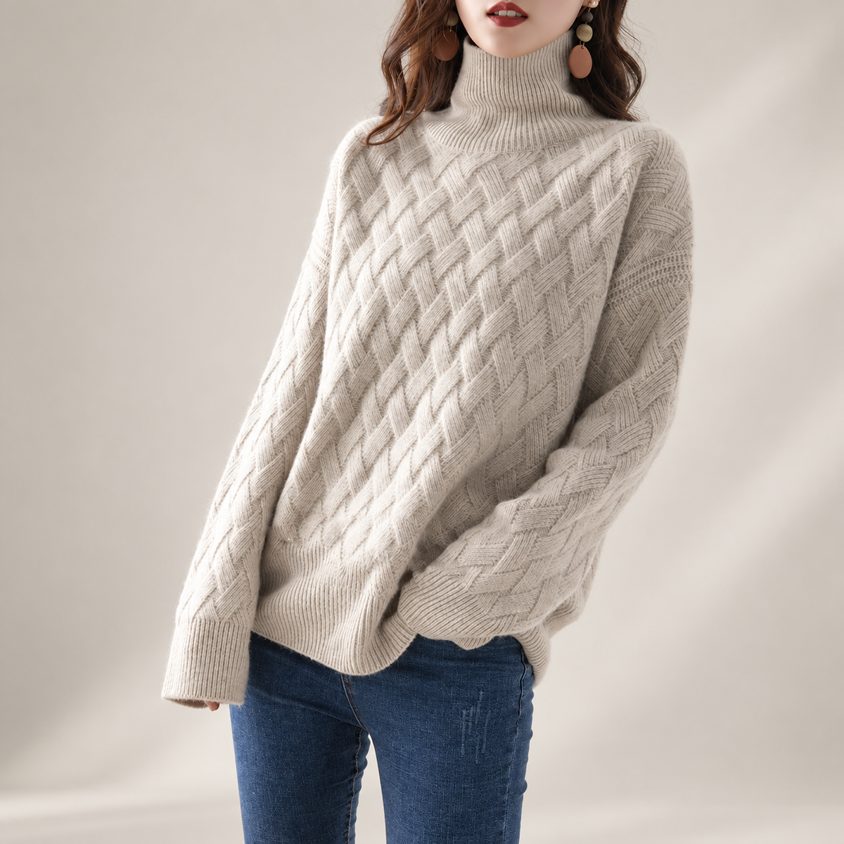 Alessia Women’s Basketweave Knit Turtleneck Sweater