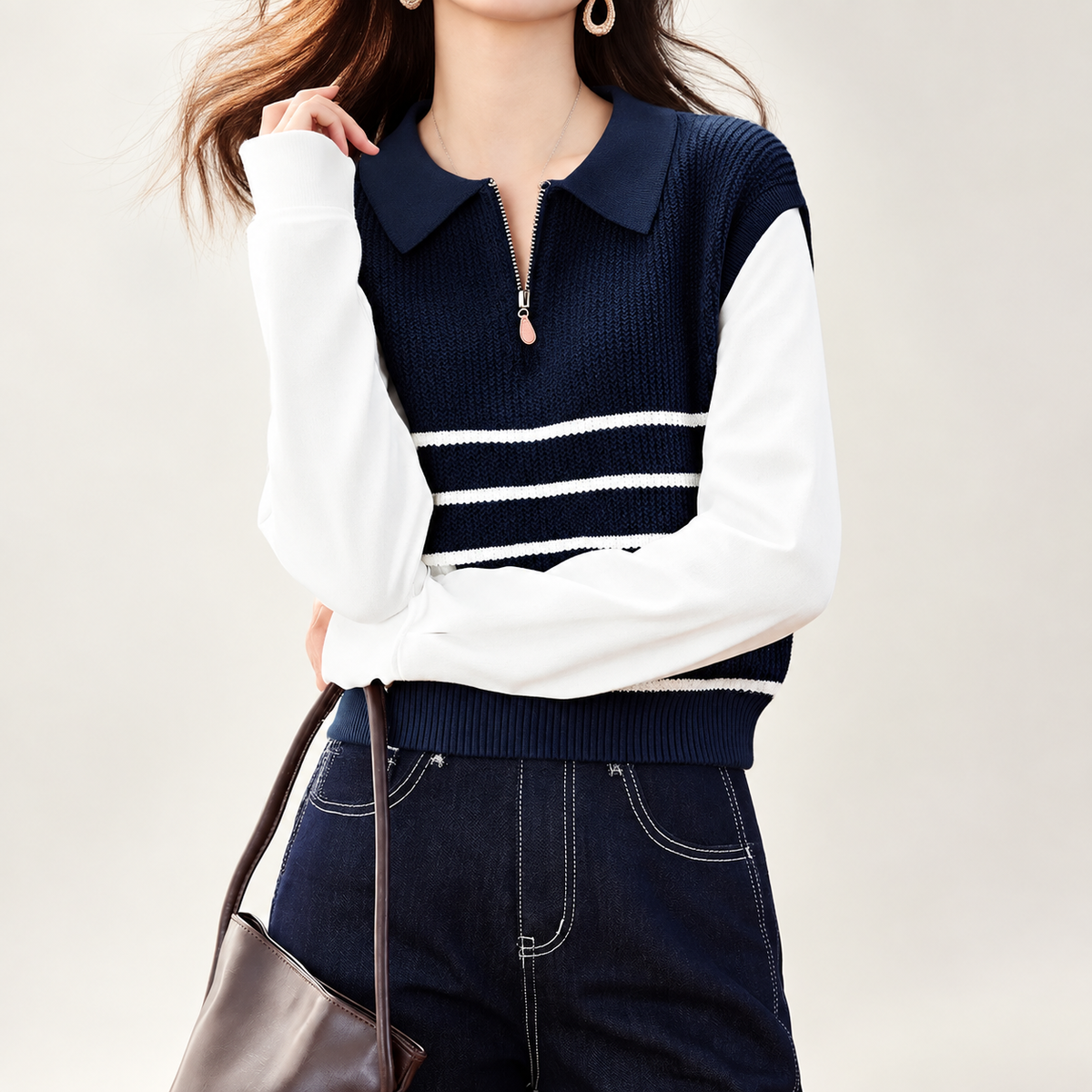 Lucia Striped Quarter-Zip Knit Top