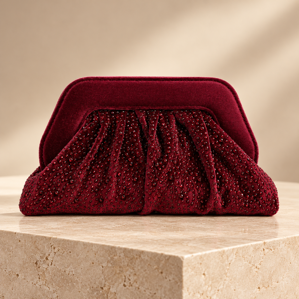 Valentina  Burgundy Beaded Velvet Evening Clutch