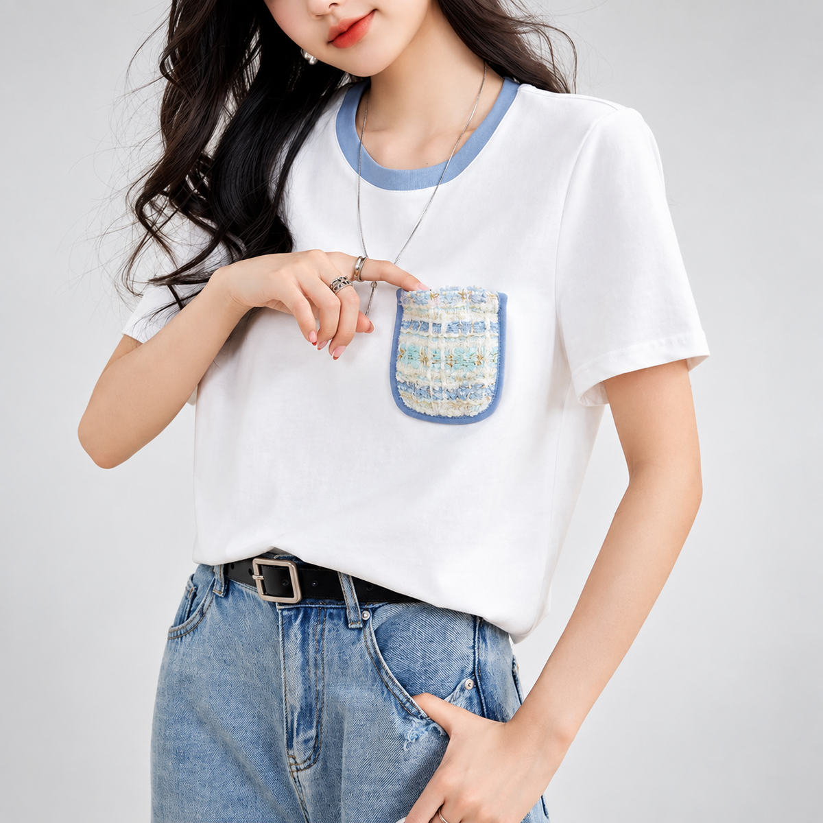 Camille Contrast Collar Pocket T-Shirt