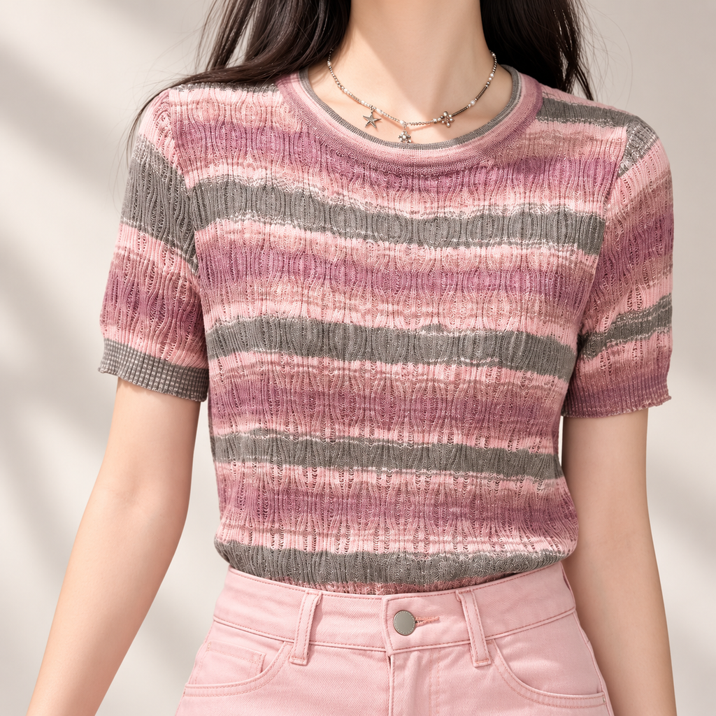 Elena Women’s Sheer Knit Striped Short Sleeve Top