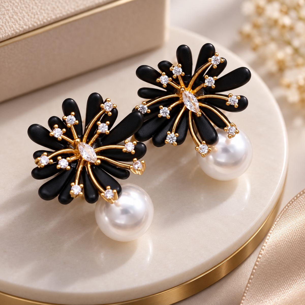 Camille Floral Pearl Drop Stud Earrings – Crystal Accent Flower Statement Earrings