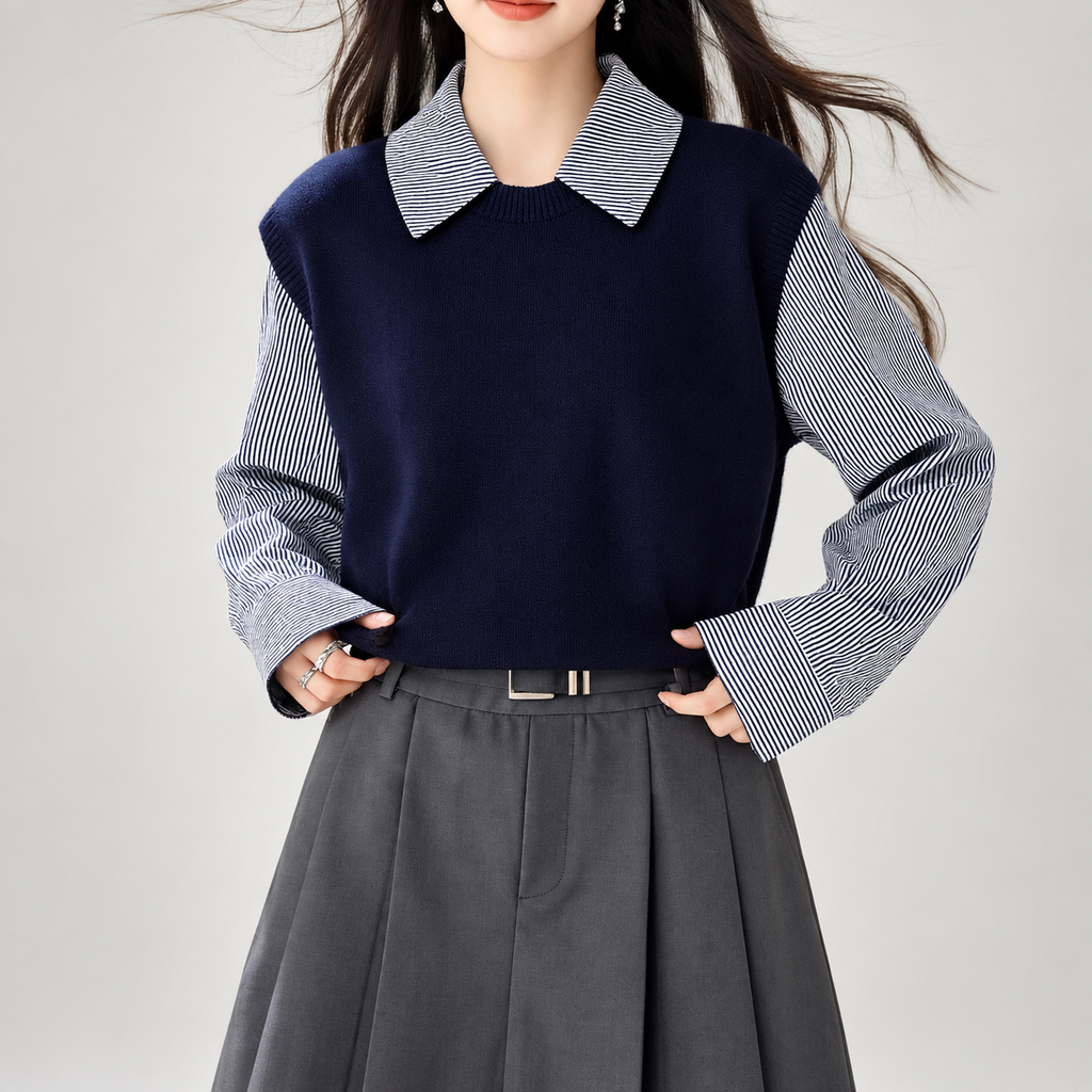 Sophie Layered Striped Shirt & Knit Vest Top