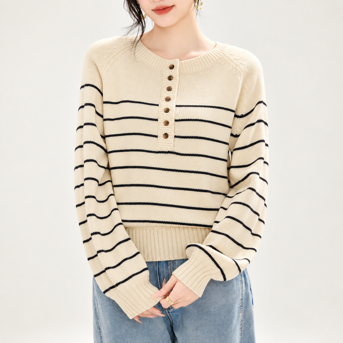 Beatrice Women’s Striped Henley Knit Sweater