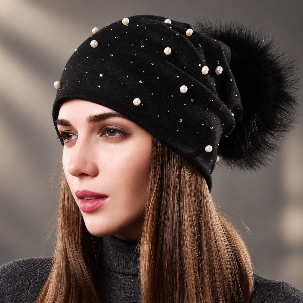 Valentina Pearl Embellished Pom-Pom Beanie – Soft Slouch Winter Hat