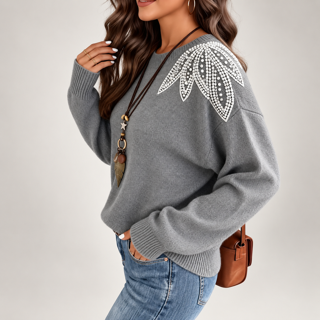 Elodie Gray Beaded Shoulder Crew Neck Knit Sweater