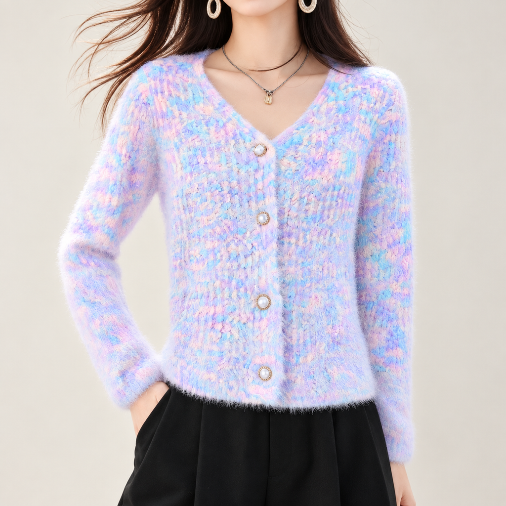 Camille Pastel Fuzzy Knit V-Neck Cardigan for Women