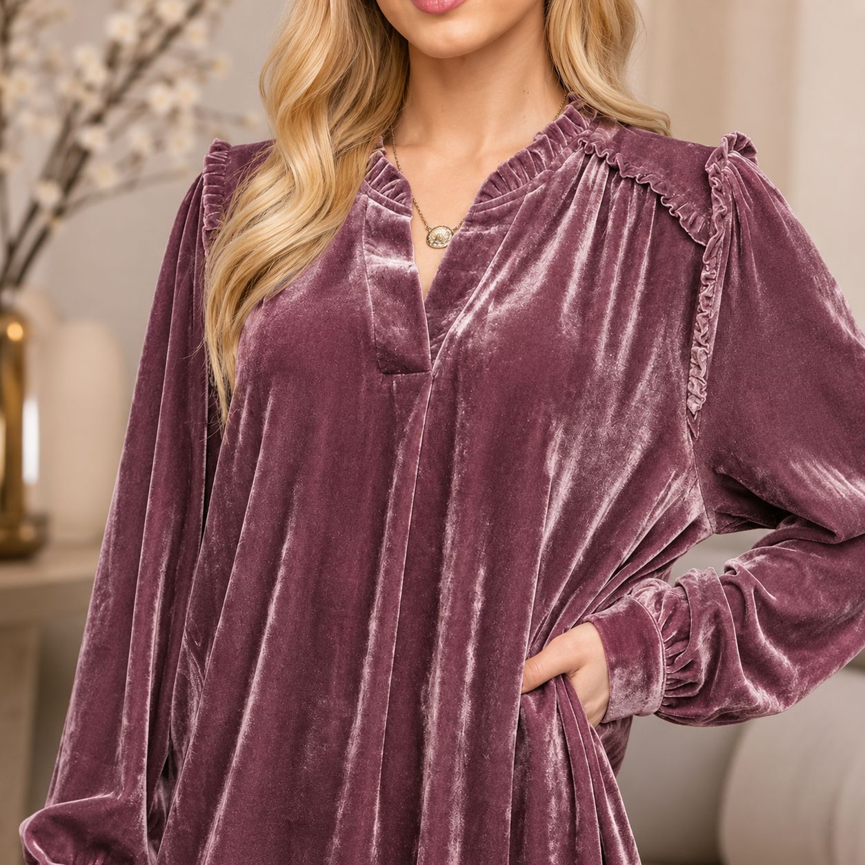 Vivienne Velvet Mini Dress – Long Sleeve V-Neck Shift Dress with Ruffle Shoulder Detail
