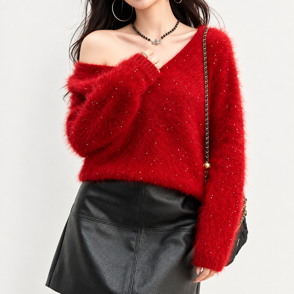 Bianca Women’s Red Fuzzy V-Neck Sweater